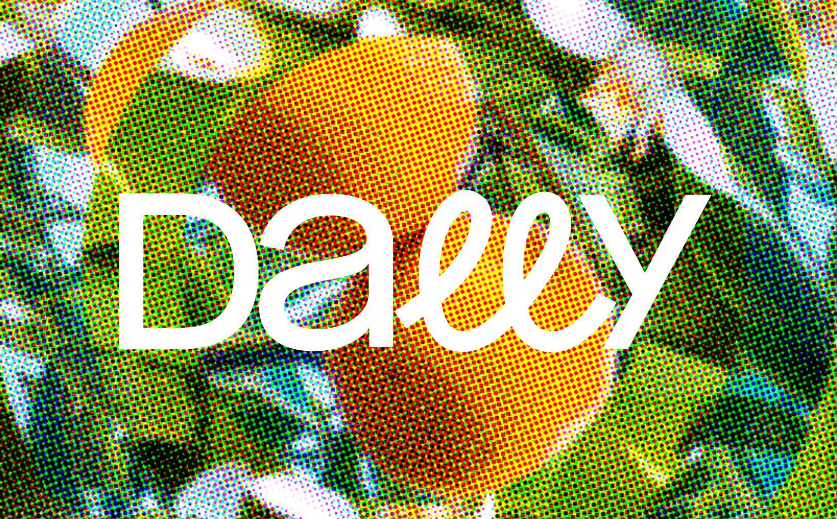 Dally wordmark logo in white cursive type over a colorful CMYK halftone dot pattern background